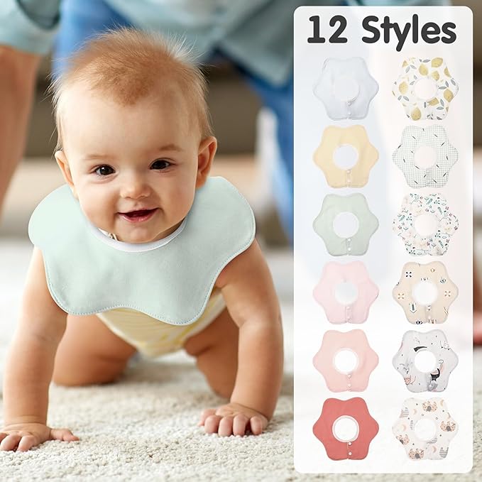 JaGely 12 Pack 360° Rotate Baby Bibs Waterproof Bibs Baby Girl Muslin Bib Snap - Image 6