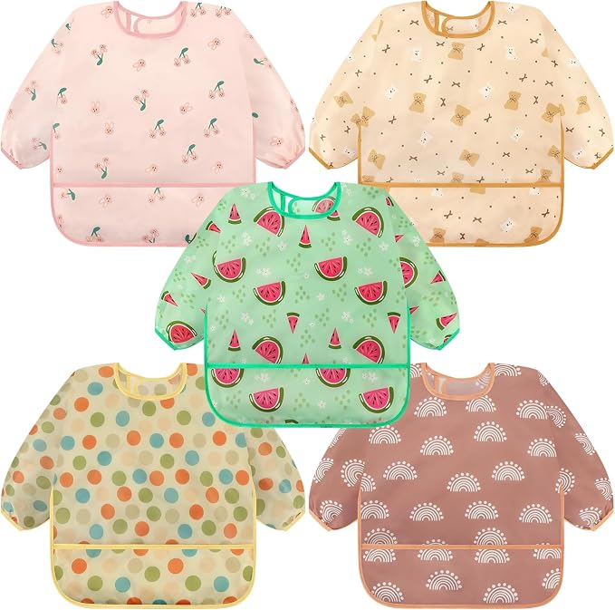 Accmor 5 Pack Long Sleeve Bibs, Baby Smock Waterproof Sleeved Bib Smock by Accmor