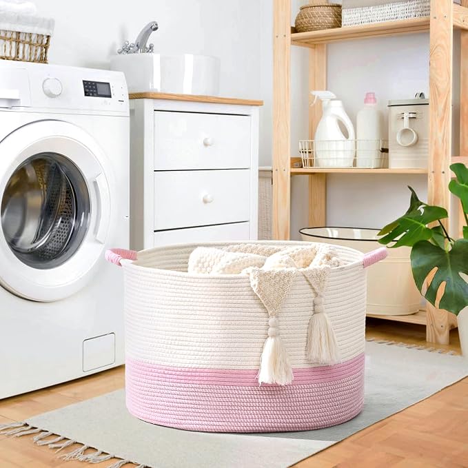 67L Large Blanket Basket, Cotton Rope Blanket Basket Living Room, Baby Laundry - Image 2