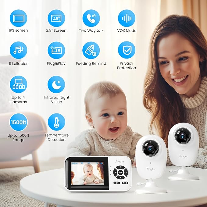 Smart Baby Monitor with 2 Cameras and Audio, Long Range, Night Vision, - Image 2