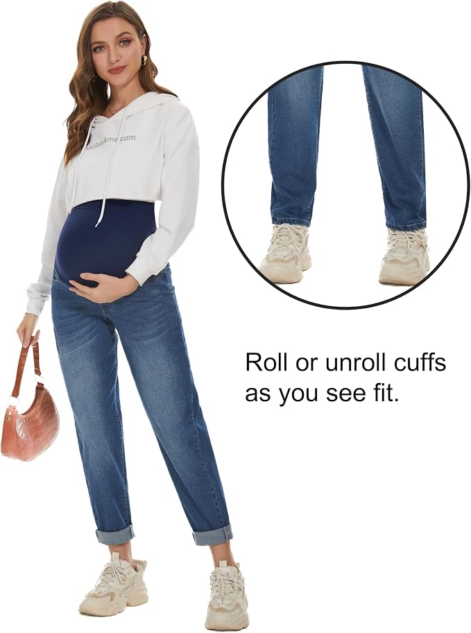 POSHGLAM Women's Maternity Jeans Over Belly Comfy Stretch 28'' Boyfriend Jeans - Image 3