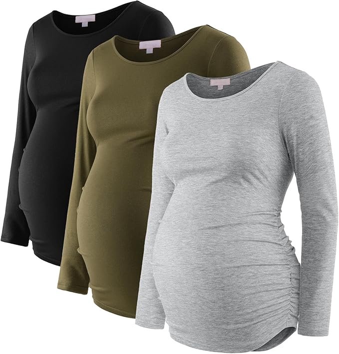 Bhome Women's Maternity Shirts 3 Packs Long Sleeve Pregnancy Tops Basic Side by Bhome