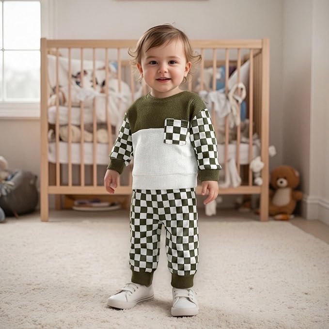 Toddler Baby Boy Fall Clothes Waffle Outfit Long Sleeve Color Blocking - Image 3