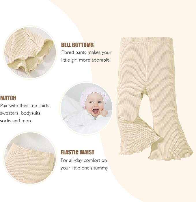 SOBOWO Baby Girl Flare Pants 3 Pack Toddler Solid Ribbed Ruffle Bell Bottoms - Image 3