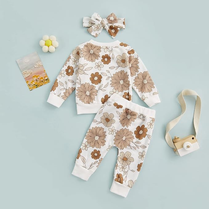 3Pcs Baby Girl Outfits Daisy Sweatshirt + Pants + Headband Infant Fall Winter - Image 7