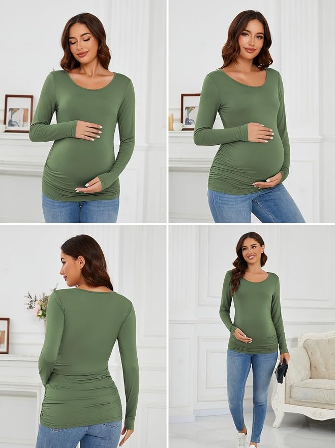 Ecavus Women's Maternity Shirts Long Sleeve Soft Stretchy Pregnancy Tops Side - Image 5