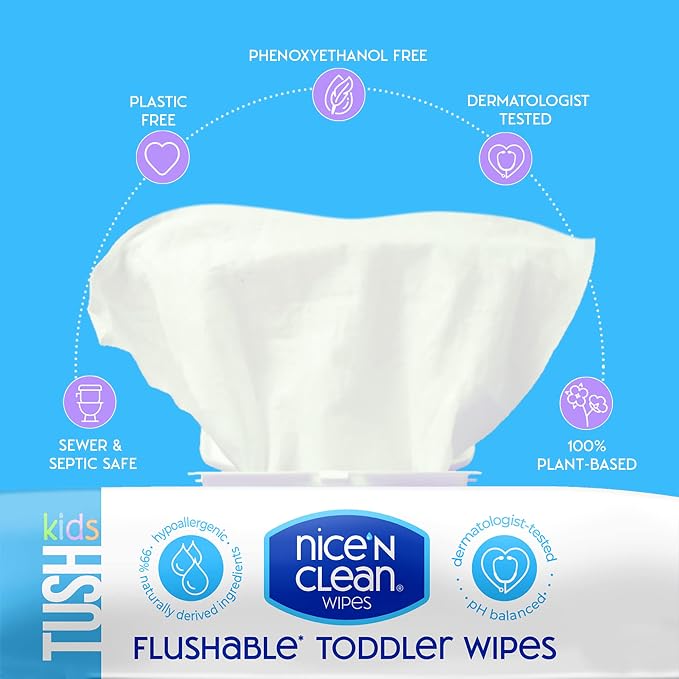 Nice 'N CLEAN Flushable Toddler Wipes 42ct | 100% Plant-Based, Unscented Wet - Image 7