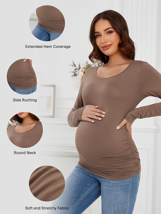 Ecavus Women's Maternity Shirts Long Sleeve Soft Stretchy Pregnancy Tops Side - Image 2
