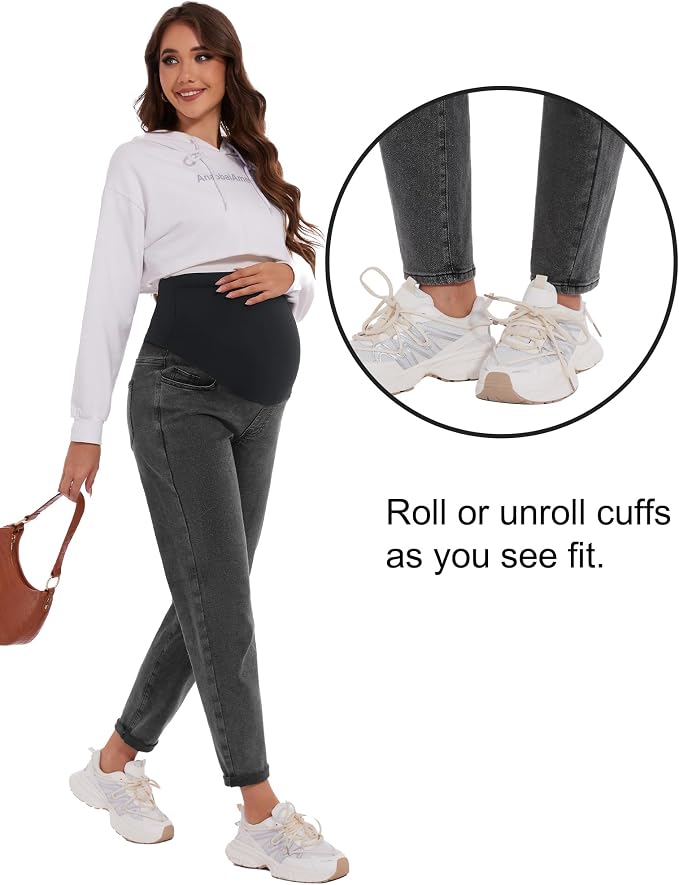 POSHGLAM Women's Maternity Jeans Over Belly Comfy Stretch 28'' Boyfriend Jeans - Image 3