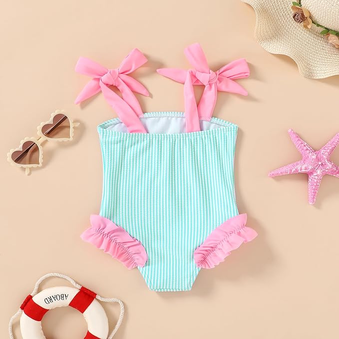 Happy Town Toddler Swimsuit Girl Solid Color Stripe One-Piece Baby Bathing Suits - Image 2