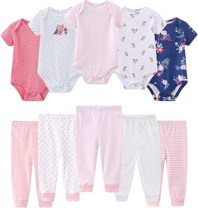 Baby Bodysuit and Pant Set 10-pcs Cotton Soft Newborn Boy Girl Clothes Outfits by Ruliby