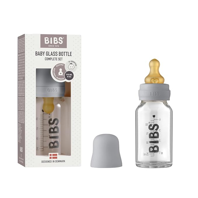 BIBS Baby Glass Bottle. Anti-Colic. Round Natural Rubber Latex Nipple. Supports by BIBS