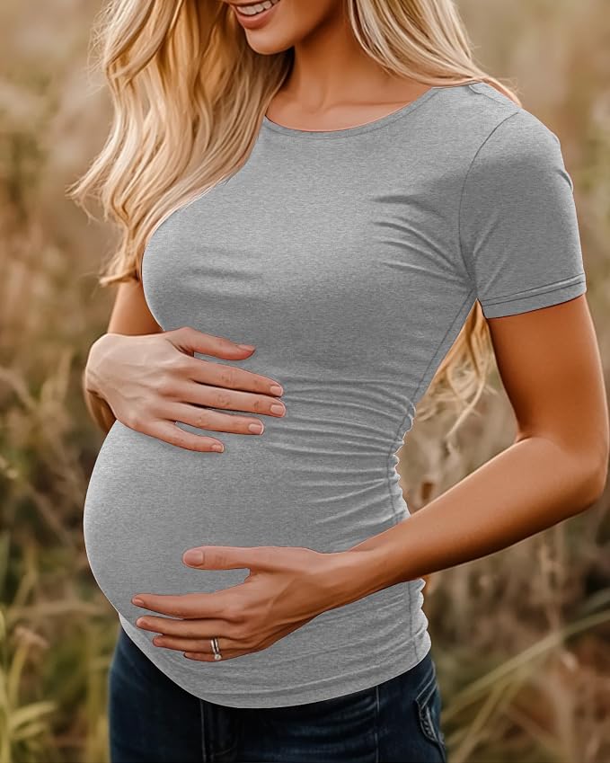 Huukeay 4 Pack Women's Maternity Shirts, Crew Neck Maternity Top Short Sleeve - Image 4
