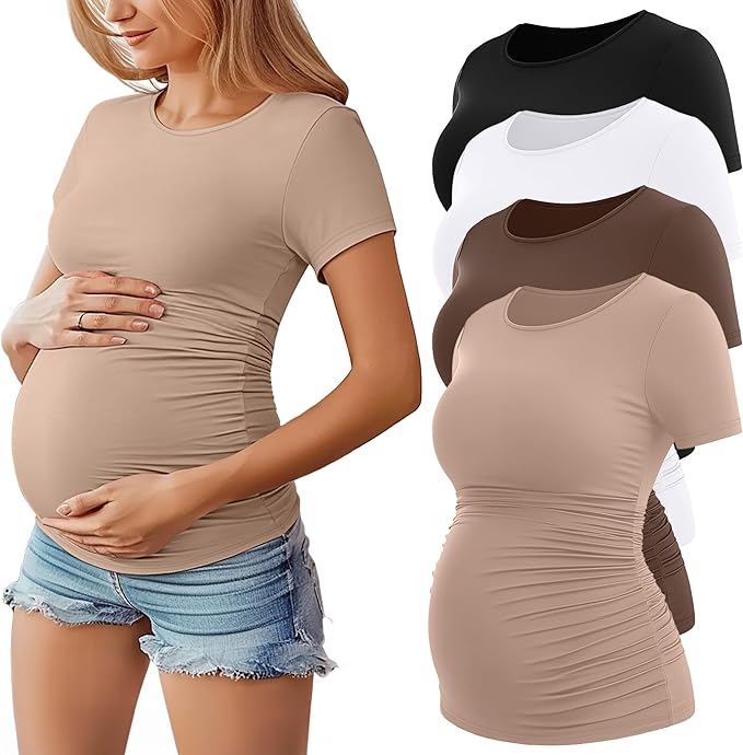 Huukeay 4 Pack Women's Maternity Shirts, Crew Neck Maternity Top Short Sleeve by Huukeay