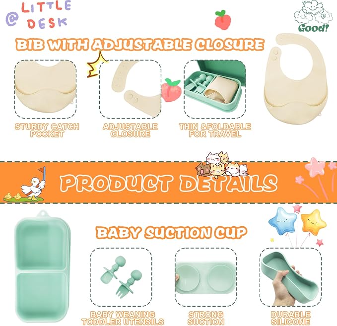 Travel Silicone Baby Feeding Set, 6 In 1 Portable Plates Spill Proof - Image 6