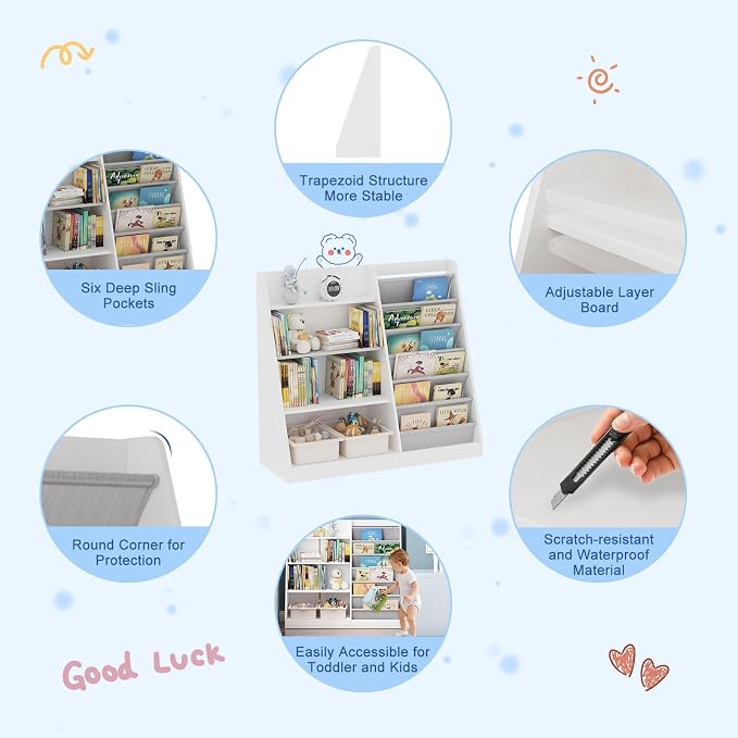 White Kids Bookshelf Wood Toy Storage Organizer Cabinet Children Bookcase - Image 4