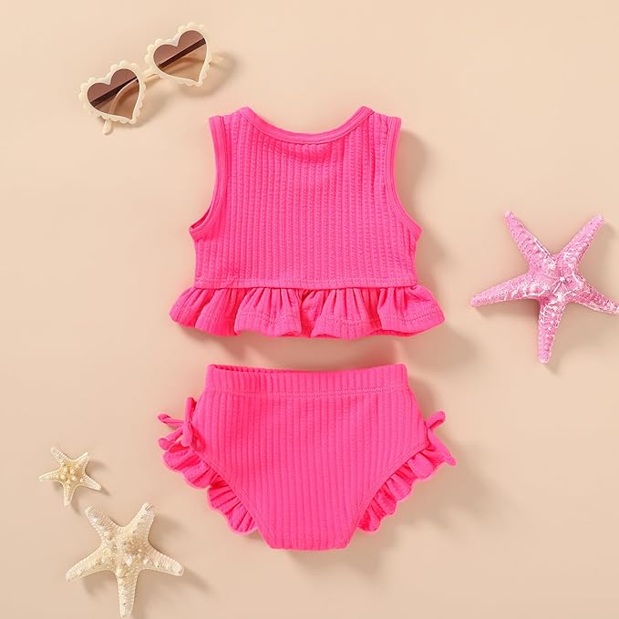 HAPPYMA Baby Swimsuit Toddler Girl Bathing Suit Summer Solid Color Bikini Set - Image 3