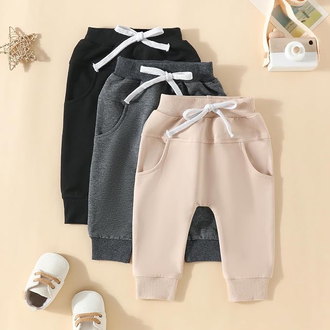 Sejardin Toddler Baby Boy Girl Pants 3 Pack Solid Color Elastic Waist Jogger - Image 2