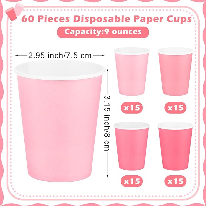 URATOT 60 Pieces 9 Ounce Disposable Paper Cups Gradient Pink Party Cups - Image 2