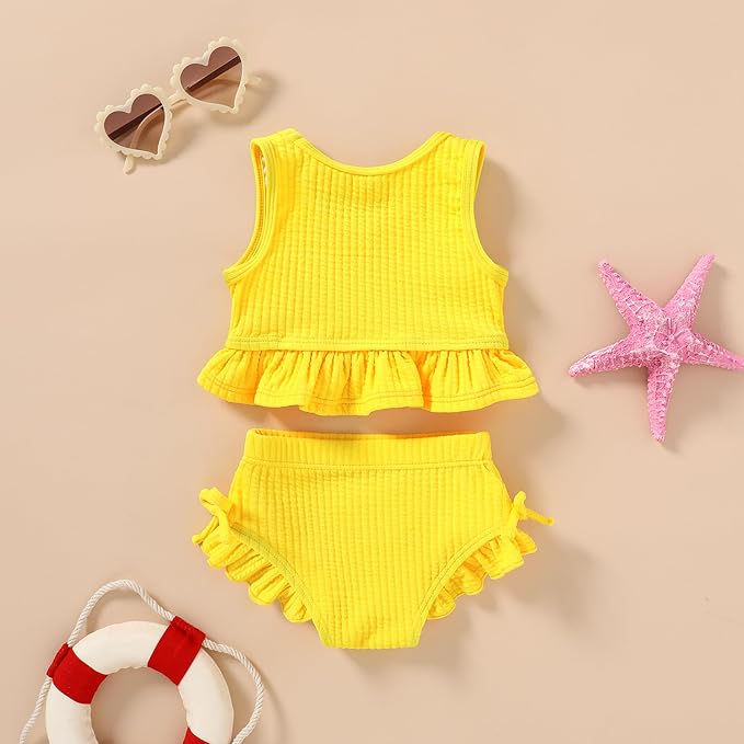 HAPPYMA Baby Swimsuit Toddler Girl Bathing Suit Summer Solid Color Bikini Set - Image 3