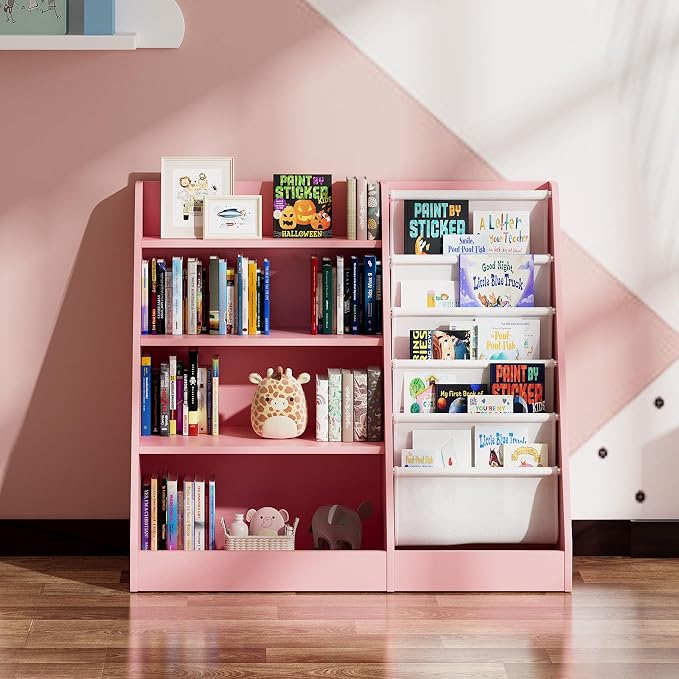 Pink 4-Tier Kids Wooden Bookshelf, 5 Layer Sling Bookcase, Baby Storage Book - Image 7