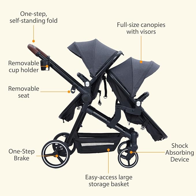 Tandem Double Stroller Newborn and Toddler, Foldable Twin Stroller - Image 4