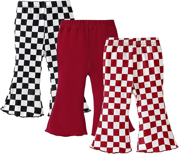 SOBOWO Checkered Baby Girl Flare Pants 3 Pack Toddler Bell Bottoms Plaid Ruffle by SOBOWO