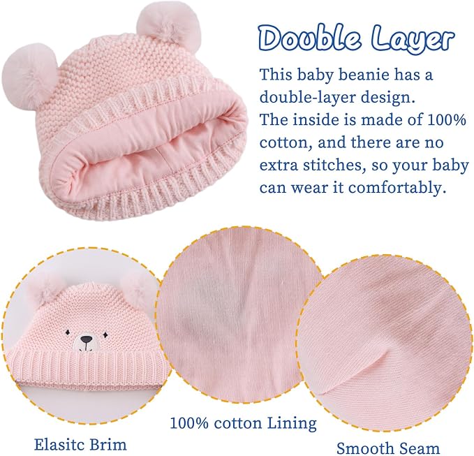 JANGANNSA Cute Bear Baby Beanie Pompom Baby Boys Hat Infant Toddler Winter - Image 4
