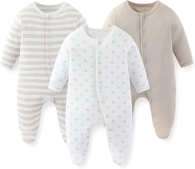Unisex Baby Boy Girl Footies Rompers Cotton Long Sleeve 3 Pack Infant Jumpsuits by JELYLOVE