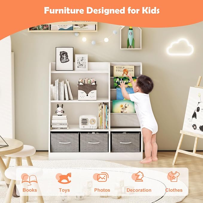 White Kids Bookshelf Wood Toy Storage Organizer Cabinet Children Bookcase - Image 5