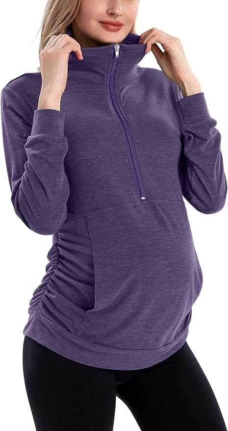 GINKANA Maternity Women's Long Sleeve Shirt Half Zipper Lapel Lightweight by GINKANA