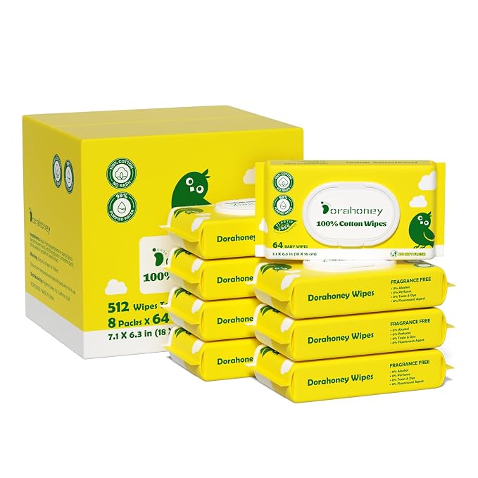 100% USA Cotton Baby Wipes for Sensitive Skin, 99% Purified Water Unscented Wet by DORAHONEY