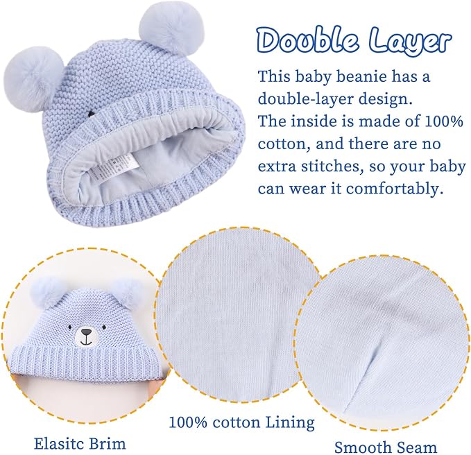 JANGANNSA Cute Bear Baby Beanie Pompom Baby Boys Hat Infant Toddler Winter - Image 4