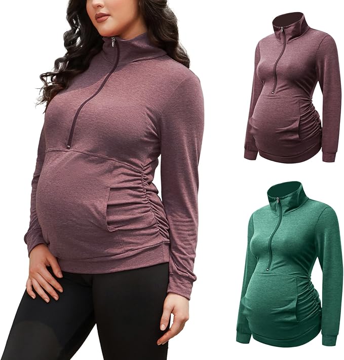 GINKANA Maternity Women's Long Sleeve Shirt Half Zipper Lapel Lightweight by GINKANA