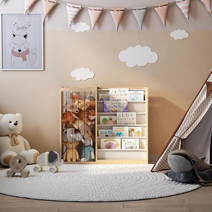Natural Wood Kids Bookshelf & Stuffed Animal Net Holder Plush Toy Storage - Image 3