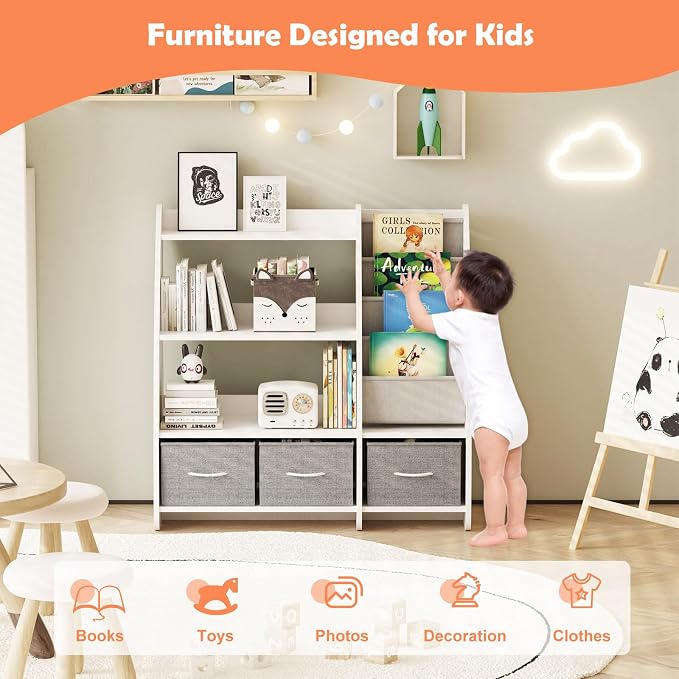 White Kids Bookshelf Wood Toy Storage Organizer Cabinet Children Bookcase - Image 5