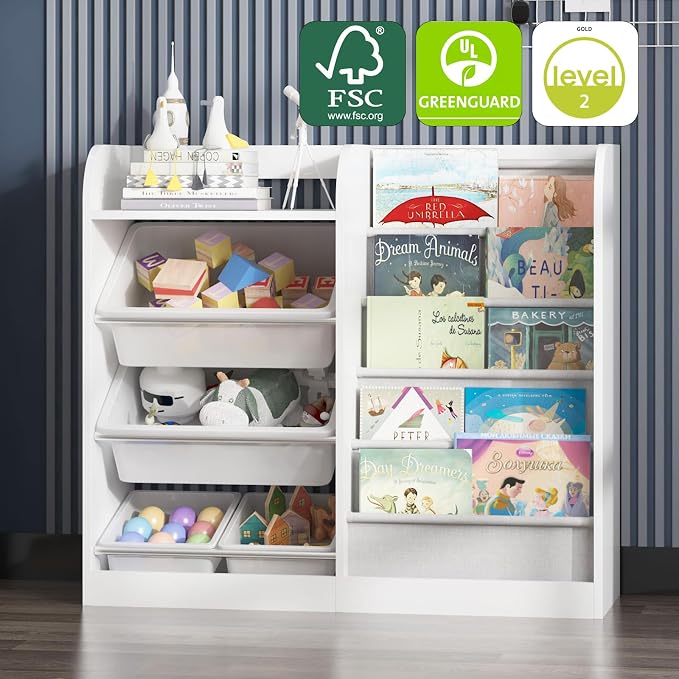 White Kids Wood Bookshelf Toy Storage Box Organizer Shelf W/4 Removable Plastic - Image 8