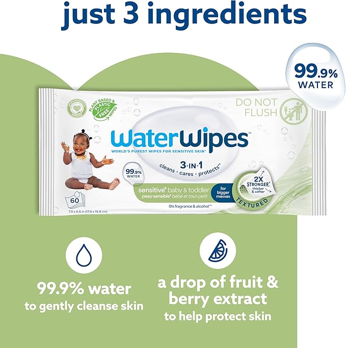 WaterWipes Sensitive+ Baby & Toddler Wipes, 3-In-1 Cleans, 99.9% Water - Image 3