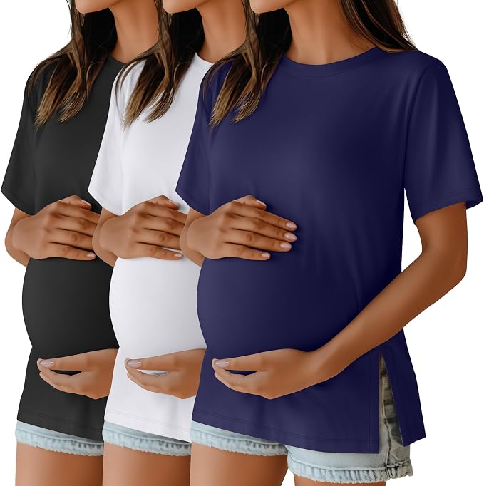 Ficerd 3 Pack Women's Maternity T Shirts, Short Sleeve Side Split Pregnancy by Ficerd