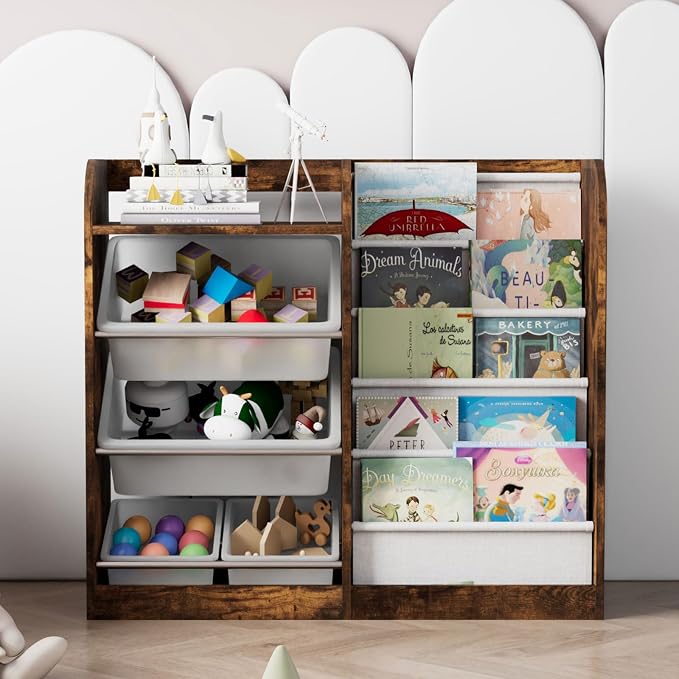 Rustic Kids Wood Bookshelf Toy Storage Box Organizer Shelf W/4 Removable - Image 9