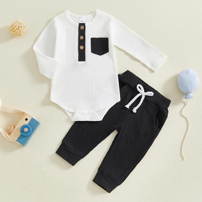 fhutpw Baby Boy Clothes 3 6 12 18 Months Ribbed Knitted Long Sleeve Romper and - Image 2