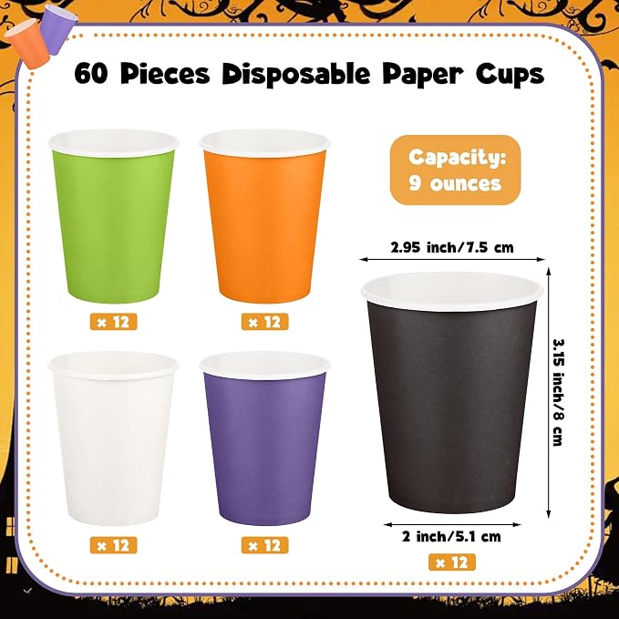 URATOT 60 Pieces Halloween Party Cups 9 Ounce Disposable Paper Cups Black and - Image 2