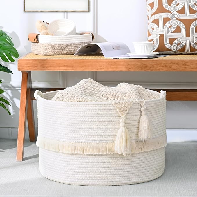 67L Large Blanket Basket, Cotton Rope Blanket Basket Living Room, Baby Laundry - Image 4