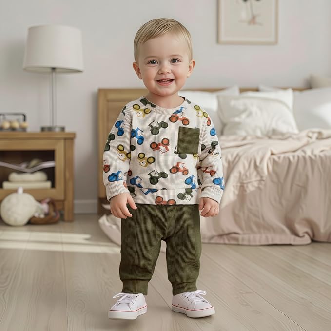 Toddler Baby Boy Fall Clothes Waffle Outfit Long Sleeve Color Blocking - Image 2