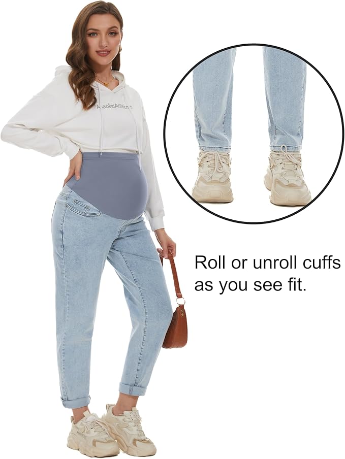 POSHGLAM Women's Maternity Jeans Over Belly Comfy Stretch 28'' Boyfriend Jeans - Image 3