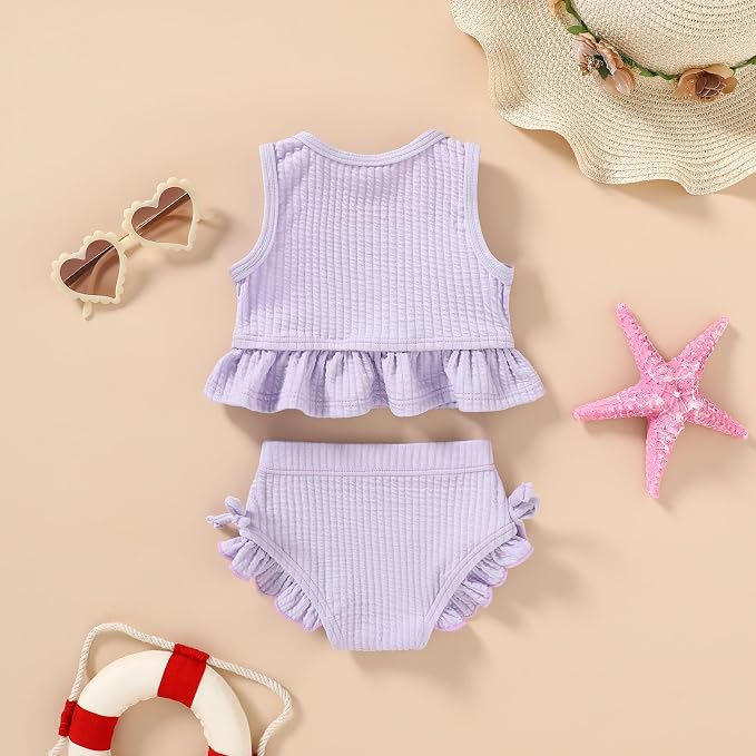 HAPPYMA Baby Swimsuit Toddler Girl Bathing Suit Summer Solid Color Bikini Set - Image 3