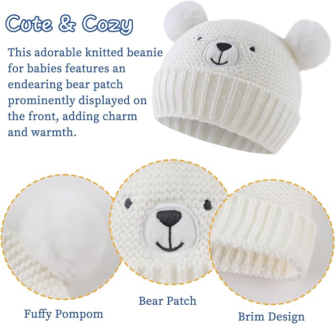 JANGANNSA Cute Bear Baby Beanie Pompom Baby Boys Hat Infant Toddler Winter - Image 3