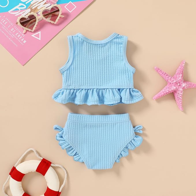 HAPPYMA Baby Swimsuit Toddler Girl Bathing Suit Summer Solid Color Bikini Set - Image 3