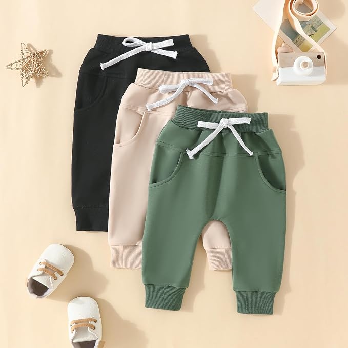 Sejardin Toddler Baby Boy Girl Pants 3 Pack Solid Color Elastic Waist Jogger - Image 2