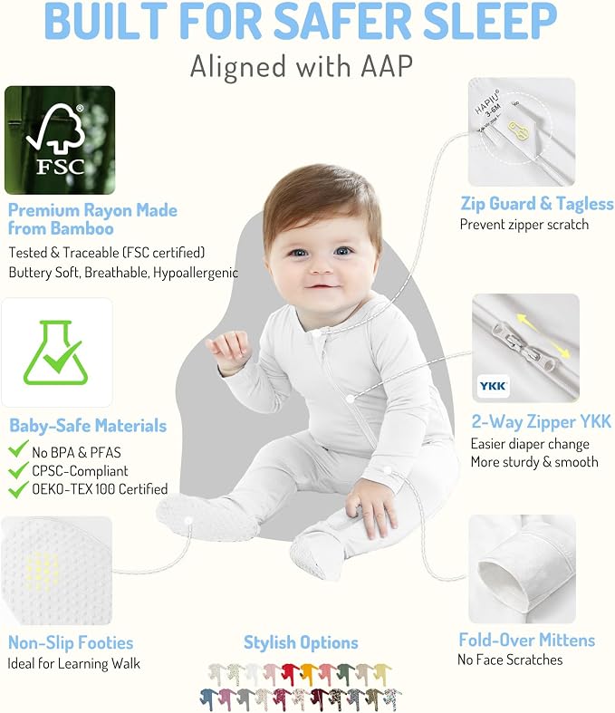 HAPIU Rayon from Bamboo Baby Footed Pajamas, 2 Way Zipper YKK, Footie - Image 2